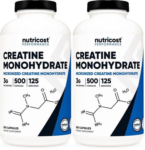 [BRSRGYL4CQJRYAA4] Nutricost Micronized Creatine Monohydrate 3,000mg 500 Capsules, 125 Servings, 750mg of Creatine Monohydrate Per Capsule (Pack of 2)