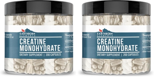 [BRSRGFIEAQJWE2DU] Earthborn Elements Creatine Monohydrate 200 Capsules, Pure & Undiluted, No Additives (Pack of 2)