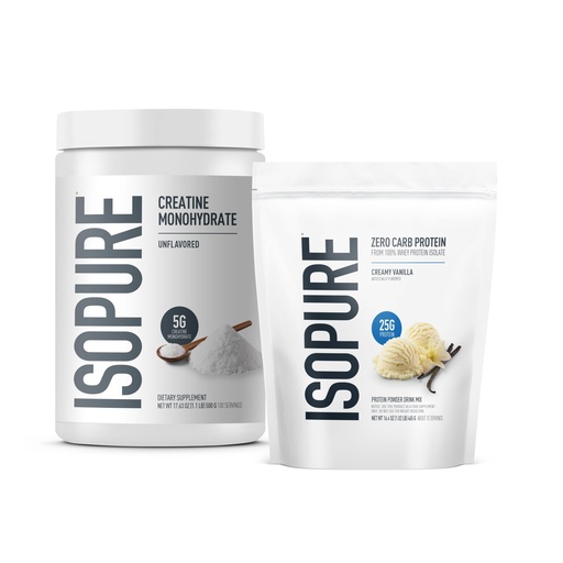 [BRSRAAQFBZ6AACQ4] Isopure Bundle of Zero Carb 100% Pure Whey Isolate Protein Powder, Creamy Vanilla, 25g Protein Per Serving, 1 Lb, 14 Servings + Isopure 100% Pure Creatine Monohydrate Powder, 100 Servings