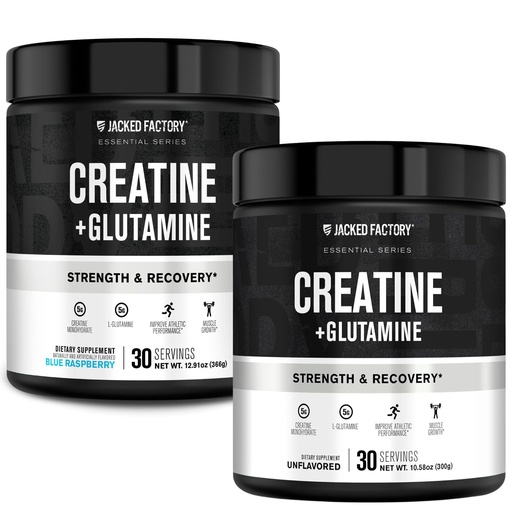 [BRSREEIEDIMWOFLL] Jacked Factory Creatine + Glutamine - Creatine Supplement with L-Glutamine for Muscle Recovery, Muscle Growth, Increased Strength (30 Servings, Unflavored & 30 Servings, Blue Raspberry)
