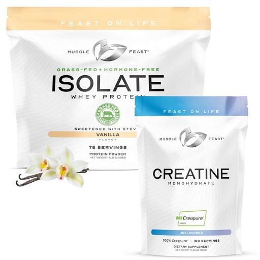 [BRSREAT3CVYQGCDX] Muscle Feast Bundle – Creapure Creatine Monohydrate Powder Unflavored 500g (1 Unit) + Grass-Fed Whey Protein Isolate Vanilla 5lb (1 Unit), All Natural Hormone-Free Pasture Raised