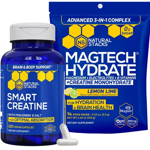 [BRSRGBI2OYNGK3LK] NATURAL STACKS Creatine Monohydrate & Magtech Hydrate + Creatine Bundle - 2500mg Creatine + 200mg Elemental Magnesium Per Serving - Supports Hydration, Brain Health & Endurance* - 44 Total Servings
