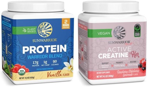 [BRSREAQEOAFAAFAY] Creatine for Her & Vanilla Organic Plant Based Protein Powder Set | Bundle & Save | Vegan Organic Protein plus Raspberry Lemonade Creatine Monohydrate (50 Servings Creatine, 17 Servings Vanilla)