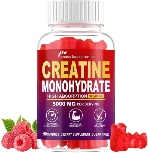 [BRSREGDROEHA4FY2] Creatine Monohydrate Gummies Infused with 5g Creatine for Men and Women, Chewable Creatine Monohydrate for Muscle Strength, Muscle Builder, Energy Boost, Pre-Workout Supplement- 90 Raspberry Gummies