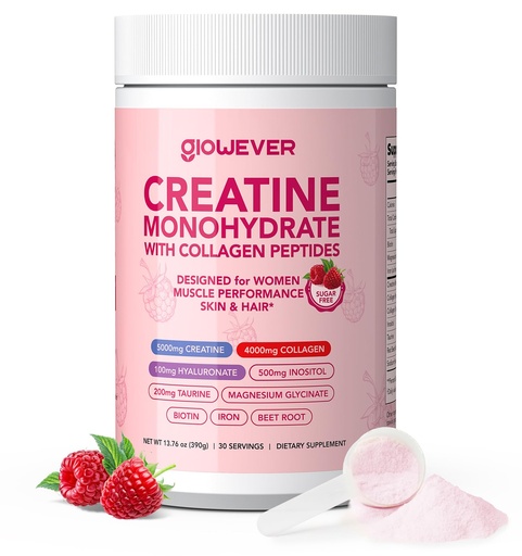 [BRSREFALO4CWK33Z] Creatine for Women | 5g Creatine Monohydrate + 4g Collagen Peptides Powder | Complex for Energy, Skin & Hair | Sugar-Free, Gluten-Free, Non-GMO, Instantized, Keto | Raspberry, 30 Servings