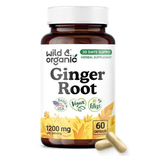 [BRSRAHA3BMNB4ADD] Wild & Organic Ginger Root Capsules 1200 mg - Immune & Digestive Support - Natural Ginger Supplements - Zingiber Officinale Powder - 30 Days of Supply - Vegan, No Fillers, Non-GMO - 60 Count