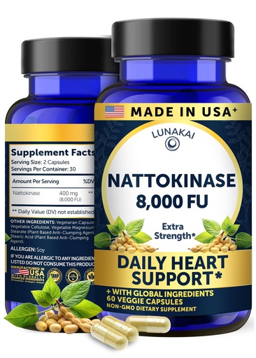 [BRSRE2T5DICGAADU] Lunakai USA Made Nattokinase Supplement – 400mg Natto Enzyme, 8000 FU per Serving – Heart & Circulation Support – Non-GMO, 60ct, 4000 FU Capsule