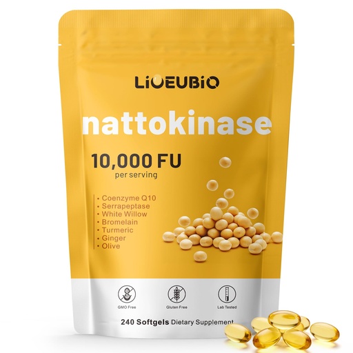 [BRSRGGQDBF5QG2TH] Nattokinase Supplement 10,000 FU, 9-in-1 Formula with Serrapeptase, Bromelain, CoQ10, Turmeric & White Willow Bark, 240 Softgels