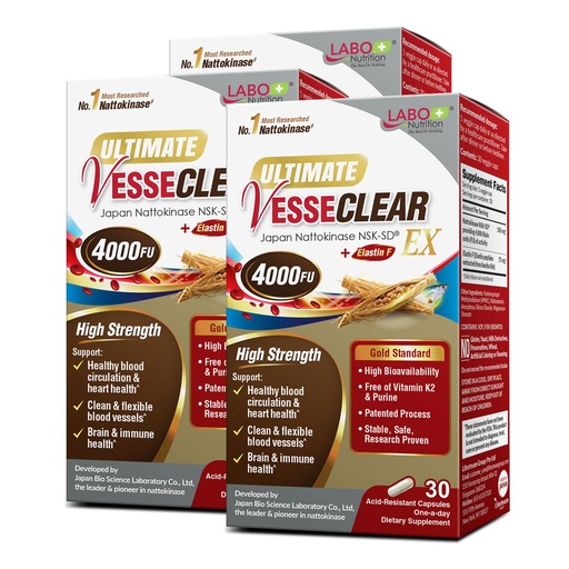 [BRSRGZ3RBYPRGCDJ] LABO Nutrition Ultimate VesseCLEAR EX 4000FU Nattokinase NSK-SD with Elastin F — Circulatory Wellness Support – Vitamin K2 & Purine Free — 90 Capsules, 90-Day Supply (3 Boxes x 30 Capsules)