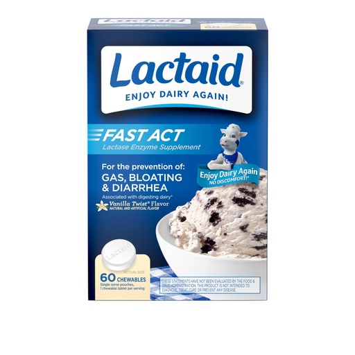 [BRSWIYTQCEHW2ETG] Lactaid Fast Act Lactose Intolerance Relief Chewables with Natural Lactase Enzyme to Prevent Gas, Bloating & Diarrhea Due to Lactose Sensitivity, On-the-Go, Vanilla Twist Flavor, 60 x 1 ct