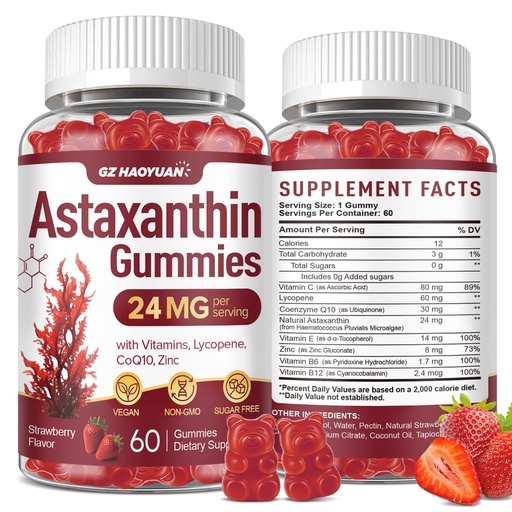 [BRSRGAYQCIHREFDU] Astaxanthin Gummies 24mg, Astaxanthin Supplement with Lycopene, Vitamins & CoQ10 for Antioxidant, Eye, Skin & Immune Support, Sugar Free, Vegan, Strawberry Flavor, 60 Count
