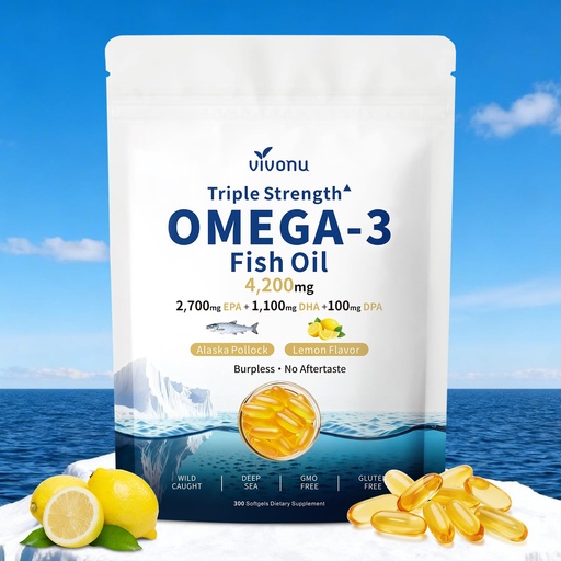 [BRSRGAYFCIPAKDYU] VivoNu Triple Strength Omega 3 Fish Oil - 4200mg, 300 Softgels | Enteric-Coated for No Fishy Aftertaste | Wild-Caught | Third-Party Tested