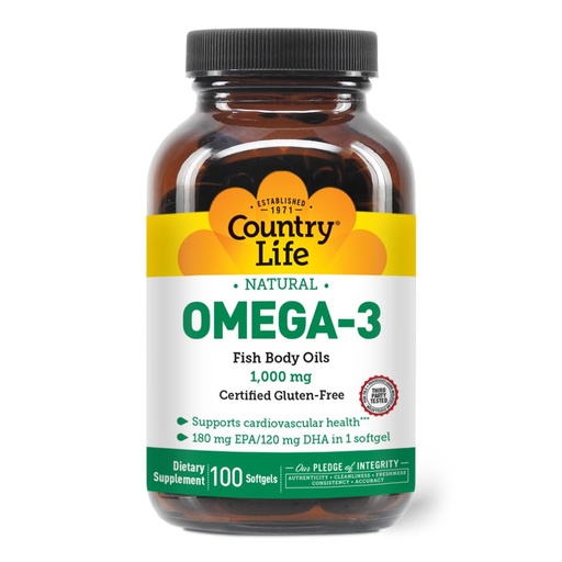 [BRSWIY3YPN6AYCDK] Country Life Omega-3 Fish Oil Supplement, 1000mg, 180mg EPA & 120mg DHA, Fish Oil Concentrate, Burpless, 100 Softgels, Certified Gluten Free