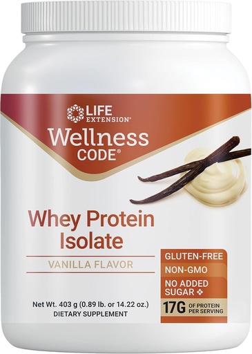 [BRSWGFQLAEIAMCYV] Life Extension Wellness Code® Whey Protein Isolate (Vanilla), Proteína e Aminoácidos de cadea ramificada para o crecemento muscular e saúde inmune, sen azucre engadido, Gluten Free, Non-GMO, 403 Grams (20 porcións)