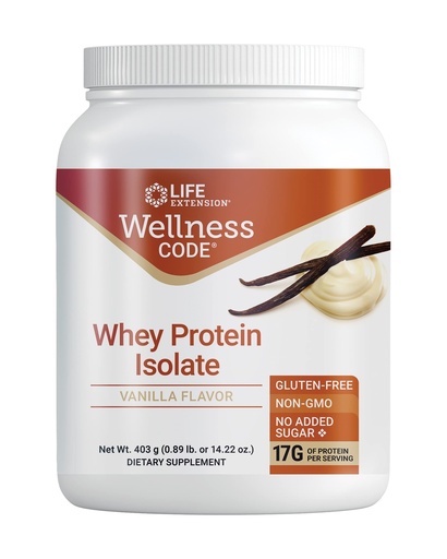 [BRSWGFQLAEIAMCYV] Life Extension Wellness Code® Whey Protein Isolate (Vanilla), Protein and branched-Chain Amino acids for Muscle Growth & Immune Health, no Sugar Added, Gluten Free, Non-GMO, 403 Grams (20 Servings)