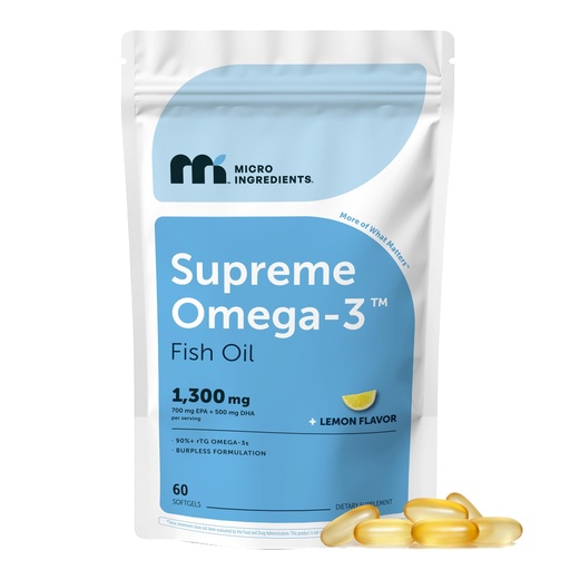 [BRSREHD3OUPBGEIV] Micro Ingredients Supreme Omega-3 Fish Oil w/Ultra High EPA & DHA, Burpless Softgels | rTG Omega-3 with Vitamin D3 | Wild-Caught Cold Deep-Sea Fish | Lemon Flavor, Easy to Swallow, 60ct