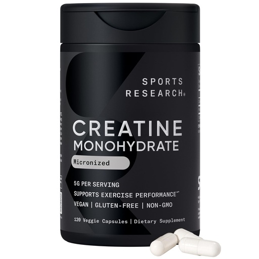 [BRSRACQ3DF6GKHLX] Sports Research® Creatine Monohydrate Capsules - Supports Workout Recovery, Lean Muscle gain, Performance and Strength* - Non-GMO, Vegan Certified - 5g per Servings - 30 Servings
