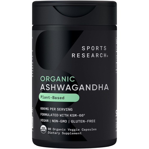 [BRSRGZQRBV5GKG3B] Sports Research® Organic Ashwagandha – Adaptogen for Relaxation, Calm & Sleep Support – Made with Organic KSM-66® – 600 mg – Non-GMO Verified, Gluten-Free, Certified Vegan – 90 Veggie Capsules