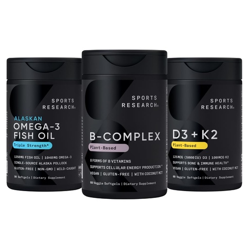 [BRSRAZY5CQBWADTH] Sports Research® Vitamin B-Complex - Full Spectrum of B Vitamins (Plant-Based Vegan-Friendly), Triple Strength Omega 3 Fish Oil & Plant Based Vitamin K2 MK7 + Vegan D3 5000iu