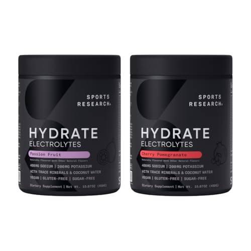 [BRSRAHQFBUAWGAAY] Sports Research Hydrate Electrolytes Powder - Sugar-Free & Naturally Flavored with Vitamins, Minerals, and Coconut Water - Supports Hydration - Passion Fruit & Cherry Pomegranate