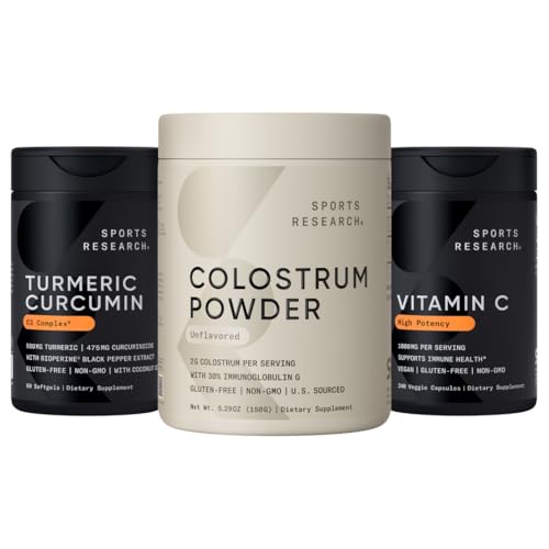 [BRSRAHQFCANRQCTF] Sports Research® High Potency Vegan Vitamin C Supplement for Antioxidant Activity, Turmeric Curcumin C3 Complex & Colostrum Powder - Nutrient Dense Superfood for Adults