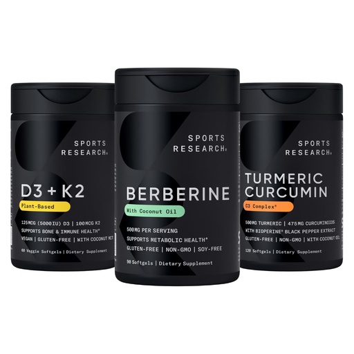 [BRSREEI2BYAWEDTP] Sports Research® Multivitamins Pack - Berberine 500mg Supplement with Coconut Oil + Vitamin D 5000iu & Mk7 Vitamin K 100mcg + Turmeric Curcumin C3 Complex