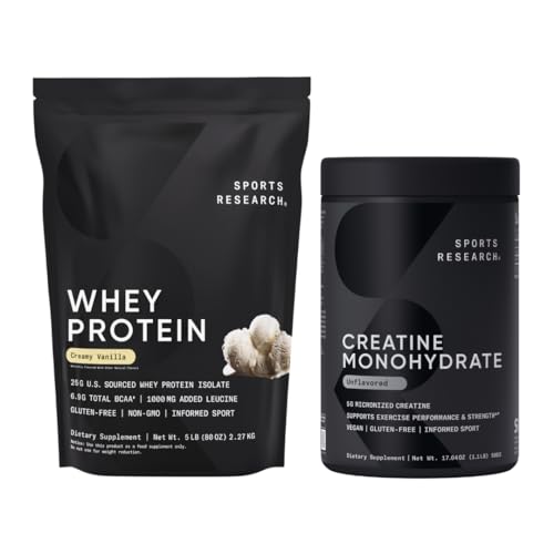 [BRSREHT3C4AQ23D6] Sports Research® Creatine Monohydrate (100 Servings) & Vanilla Whey Protein (63 Servings), The Dynamic Duo for Lean Muscle Building, Improved Performance, Strength & Workout Recovery - Sports Nutritio