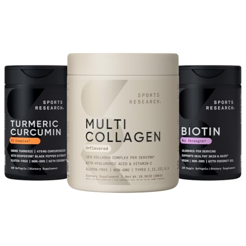 [BRSREGA2PIBAA33Z] Sports Research® Joint and Bones Pack - Collagen Peptides with Hyaluronic Acid & Vitamin C + Turmeric Curcumin C3 Complex w/BioPerine Black Pepper Extract + Vitamin D3 + K2 w/Coconut Oil