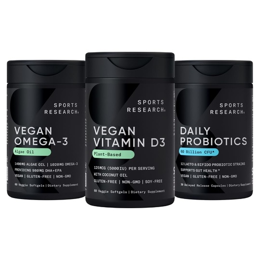 [BRSRGGTQPMDRMETB] Sports Research® Vegan Supplements Pack - Vegan Vitamin D3 5000iu + Vegan Omega-3 Fish Oil Alternative + Daily Probiotics with Prebiotics, 60 Billion CFU