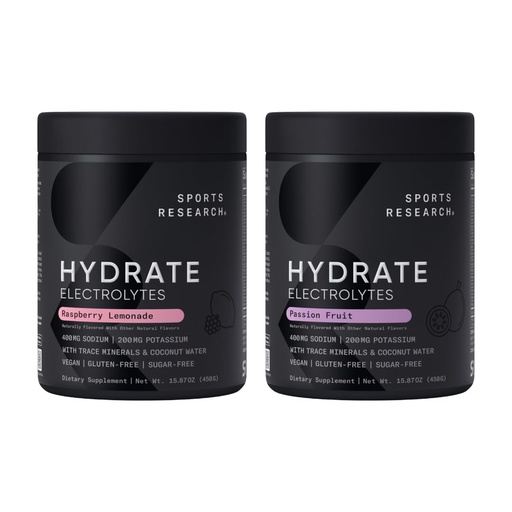 [BRSRAHQFBMNA42Q7] Sports Research Hydrate Electrolytes Powder - Sugar-Free & Naturally Flavored with Vitamins, Minerals, and Coconut Water - Supports Hydration - Raspberry Lemonade & Passion Fruit