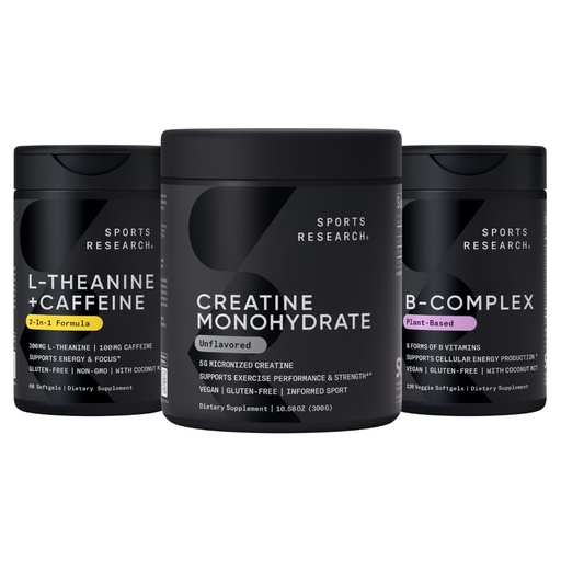 [BRSREBQLBMNQIADZ] Sports Research® Pre Workout Pack - Creatine Monohydrate 10.58 oz + L-Theanine Supplement with Caffeine & Coconut MCT Oil + Full Spectrum of B Vitamins with Methylated B12 & Folate
