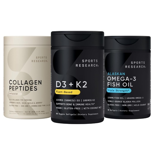 [BRSROBILDFYQMH3B] Sports Research® Body Wellness Pack - Vitamin D3 5000iu + K2 100mcg, Omega-3 Fish Oil 1250, and Organic Collagen Peptides