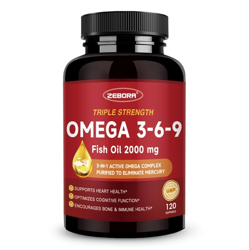 [BRSROBLYBAMWE2DU] Triple Omega 3-6-9 Fish Oil 2000mg - High Potency with Vitamin D3 & Astaxanthin, Support for Heart, Brain and Immune Health - Includes Flaxseed & Borage, 60 Servings