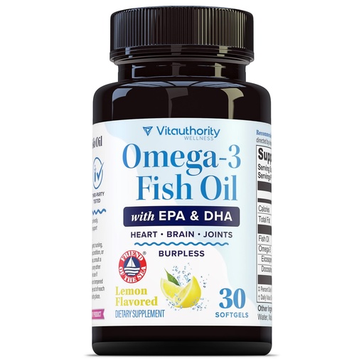 [BRSREEDYOJ6AO2T4] Omega 3 Fish Oil Supplement | 1,200mg Omega 3 Fatty Acids 400mg EPA & 280mg DHA | Heart, Brain & Eye Health Support | Burpless Lemon Flavor Friend of the Sea Certified Non-GMO, Gluten-Free 30 Servings