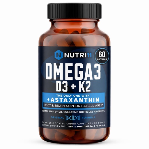 [BRSREHAKBEGWEETK] Nutri11 Omega-3 Fish Oil with Vitamin D3, K2 & Astaxanthin – Enteric Coated, No Fishy Burps – Doctor Formulated – 60 Liquid Capsules