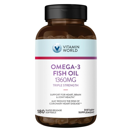 [BRSWIZIRCYNROFDU] Vitamin World Triple Strength Omega 3 Fish Oil 1360 mg Supplement, 950 mg Active Omega-3 Fatty Acids with EPA & DHA, Supports Heart, Brain & Joint Health, Gluten Free, 180 Softgels, 6 Months Supply