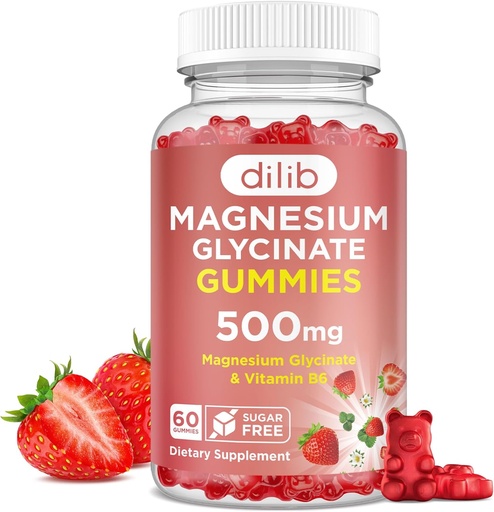 [BRSROYAQOABGMHIZ] Magnesio Glycinate Gummies 500mg - Suplemento Magnesio con Vitamina B6 para Adultos &amp; Magnesio para Niños - Magnesio calma para dormir, orina, Muscle Support - Sabor de fresa, 60 Gummies
