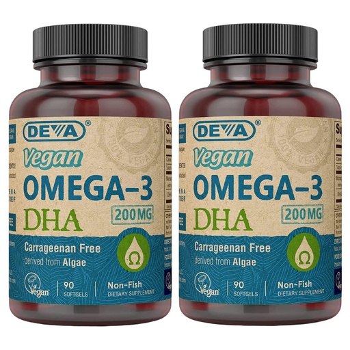 [BRSWKH3YA57BQG3A] DEVA Vegan Omega-3 DHA Supplement, Once-Per-Day Softgel 200 MG, Carrageenan Free, Gelatin Free, Non-Fish, Algae Oil, Omega-3 Fatty Acids - 90 Softgels (Pack of 2)