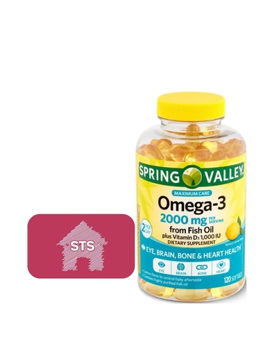 [BRSRMHQCOYMWKG3G] Spring Valley Omega-3 from Fish Oil 2000 mg, Maximum Care, 120 count + STS Sticker.