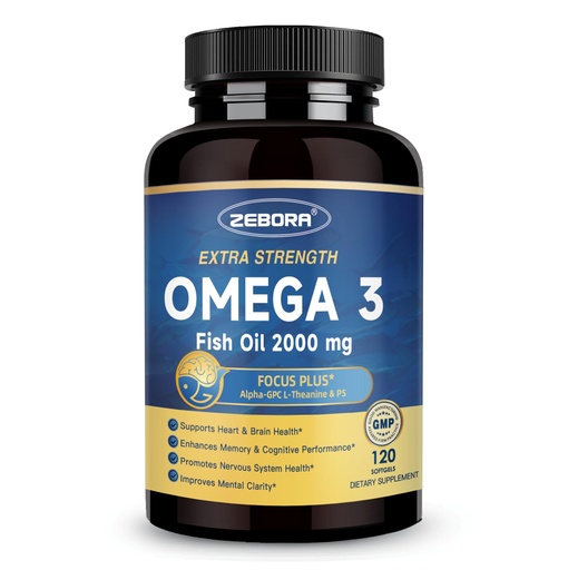 [BRSRE2YCC4FQGCQY] ZEBORA Omega-3 Fish Oil 2000mg - High Potency DHA & EPA Omega 3 with Alpha-GPC & PS for Brain, Cognition & Heart Support, Sustainably Sourced, 120 Softgels