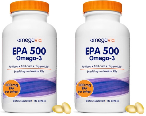 [BRSRGGQZOYFBMH3J] OmegaVia EPA 500, Purified Omega-3 Fish Oil Supplement, 500 mg EPA in Triglyceride Form, Burpless Fish Oil, Non-GMO, Gluten-Free, IFOS 5-Star, 120 Softgels (Pack of 2)