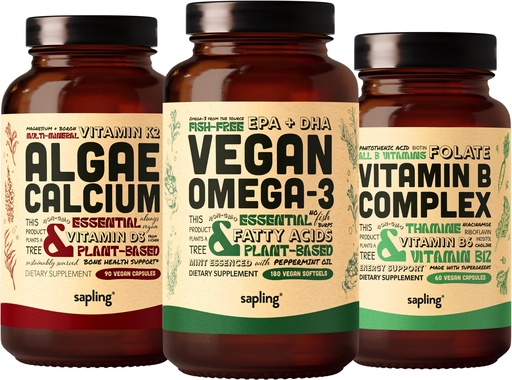 [BRSROBQFBF7G223A] Vegan Omega 3 180 Softgels & Algae Calcium & Vitamin B Complex Bundle - Plant Based DHA & EPA, Calcium Supplement from Red Algae, Essential B Vitamins