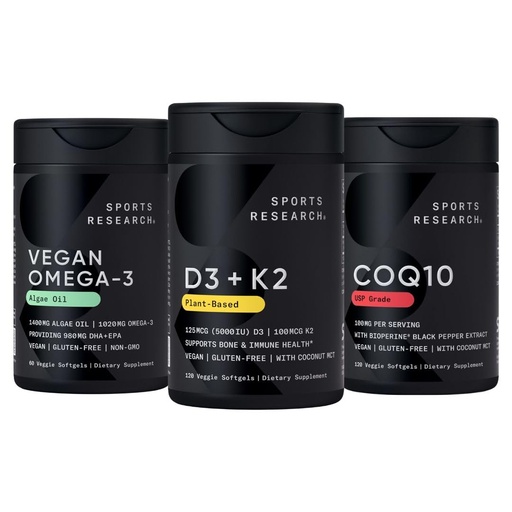 [BRSRGZYLOYAQK3YY] Sports Research® Vegan Supplements Pack - Vegan Omega-3 Fish Oil Alternative from Algae Oil + Vitamin D3 + K2 + CoQ10