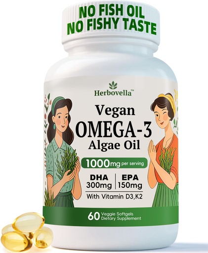 [BRSREA3QAAGQK3T4] Vegan Omega 3 Softgels from Algae Oil – Fish Oil Alternative, DHA 300mg EPA 150mg with Vitamin D3 K2, No Fishy Taste, Plant-Based Omega-3 Supplement