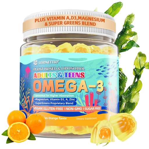 [BRSREAITAEHBYFD7] Vegan Omega-3 Gummies - 1000mg Algae Oil with 650mg DHA & 250mg EPA for Teens & Adults - Plus Vitamin D3, A,C, Lutein, Zeaxanthin, Magnesium for Eye & Immune Health, Brain - Sugar Free, Non-GMO, 60Cts