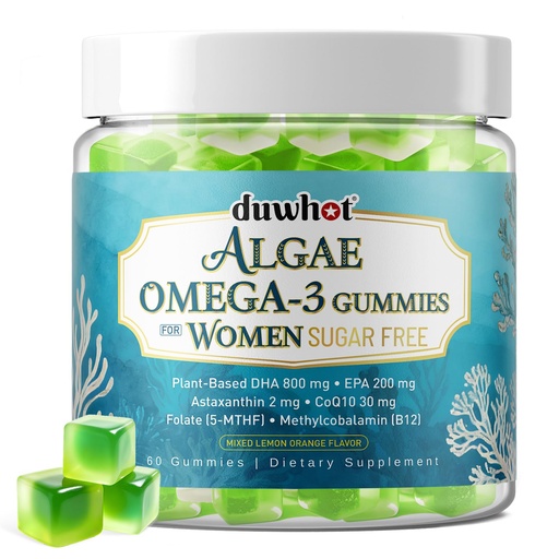 [BRSREADRCUBQYYLO] duwhot Vegan Omega-3 Gummies for Women, Algae DHA & EPA 1000mg, with CoQ10, Astaxanthin, Fish Oil Supplement Alternative for Adults, Heart & Brain Health, 60 Count