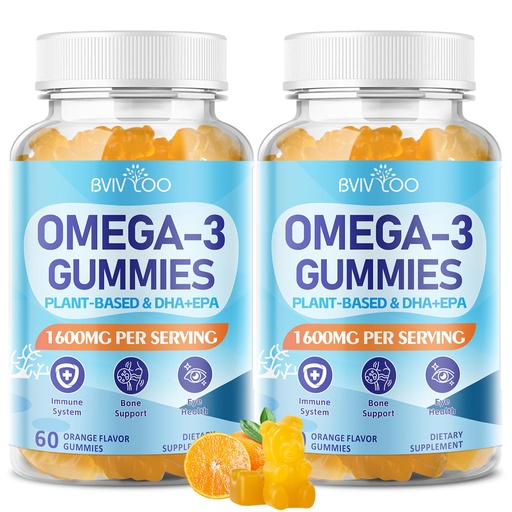 [BRSRGYYQAAFA4DI4] 2 Pack Vegan Omega-3 Gummies - 1600mg with 600mg EPA & 400mg DHA. High Absorption Formula. Delicious Orange Flavor - 120 Gummies