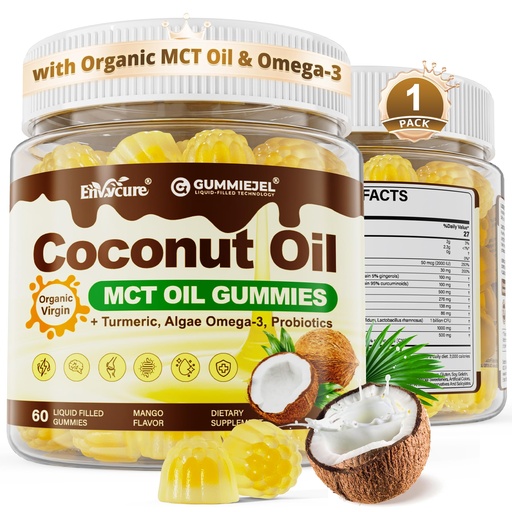 [BRSRGAIPBB5R4GT7] MCT Oil Organic Gummies + Coconut Oil + Omega-3 + Turmeric + Ginger + Probiotics - Virgin Coconut Oil, Optimized C8 & C10 for Ketosis, Brain, Body Fuel & Digestion, Sugar-Free, 60 Cts
