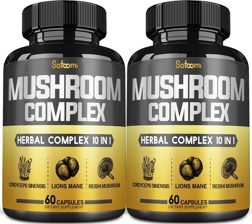 [BRSRAYI7PMFA2ALG] Satoomi 10in1 Mushroom Complex Supplements Capsules - 4 Month Supply - Blends with Lions Mane, Cordyceps, Reishi, Chaga, Maitake, Shitake & Others - 2 Packs 60 Capsules