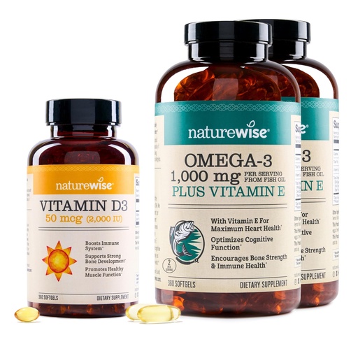 [BRSREFAPOYFWCCDA] NatureWise [1] Vitamin D3 2000iu + Organic Olive Oil - 360 Mini Softgel [360-Day Supply] + (Pack of 2) Omega3 Fish Oil 1000mg + Vitamin E - Wild-Caught - 360 Softgels[180-Day Supply]
